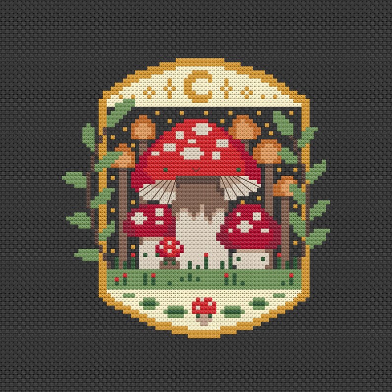 Fungi themed cross stitch pattern. The cross stitch design consists on a some mushrooms surrounded by a frame decorated with a moon, stars and leaves. The art style is cottagecore, witchy and whimsical. The colors of the design are red, yellow, orange and green. This cross stitch design is modern, unique and original. Stitched on black Aida fabric. Available to download as a cross PDF stitch pattern.