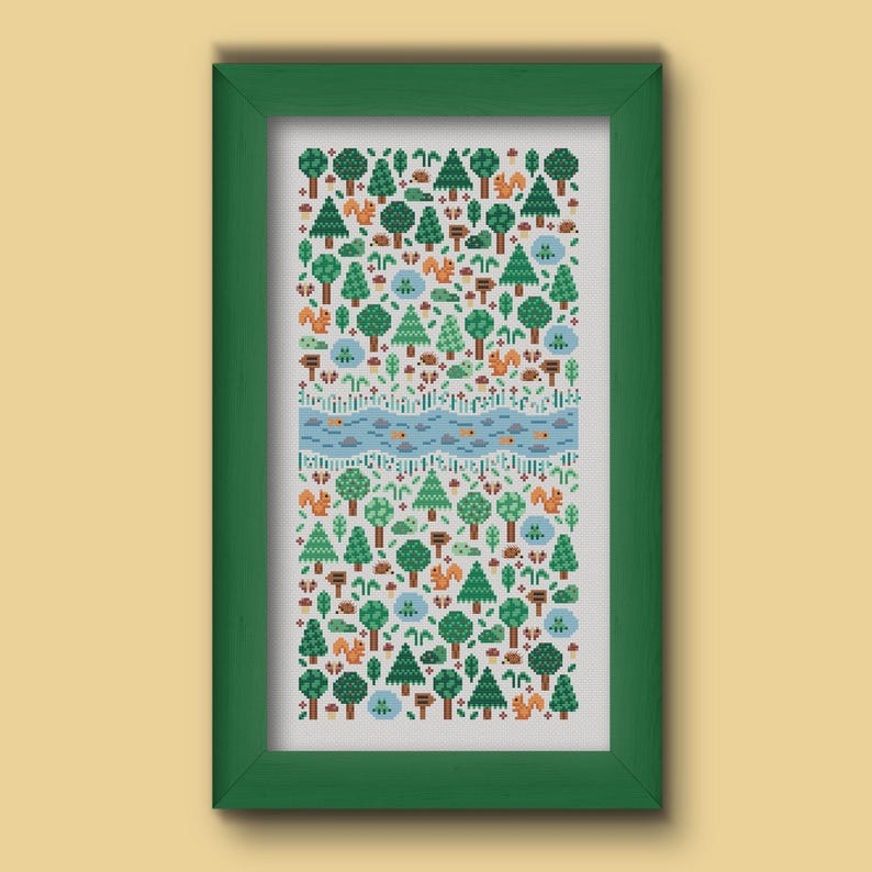 Folk cross stitch chart consisting in different types of trees and forest animals (squirrels, frogs, hedgehogs) arranged on a rectangle shape with a river crossing in the middle. The colors are natural, mainly green, blue and brown with a touch of red and orange. Stitched on white Aida.