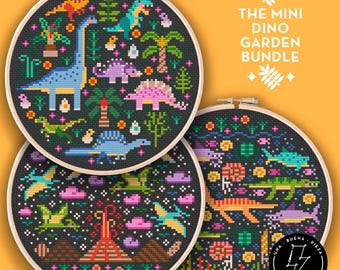 Pode incluir: Três padrões de bordado em aro que apresentam ilustrações coloridas de dinossauros sobre um fundo preto. Os padrões são intitulados "The Mini Dino Garden Bundle".