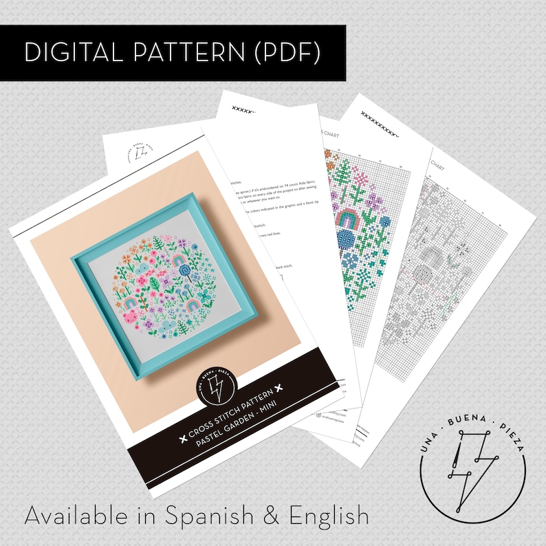 Cross stitch pattern "Mini Pastel Garden" shown in its PDF format (mockup of the pages). Text saying "Available in spanish and english".