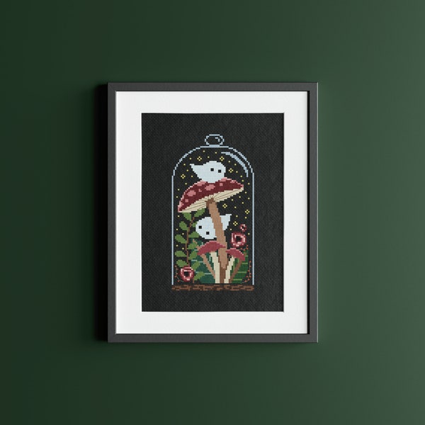 魔女の幽霊とキノコのクロスステッチパターン：ゴシックコテージコア（PDF）