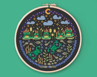 Frog Pond Cross Stitch Pattern: Cottagecore Night Scene (PDF)