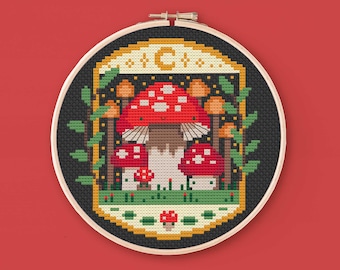 Toadstool Family Cross Stitch Pattern: Witchy Fungi Embroidery (PDF Download)