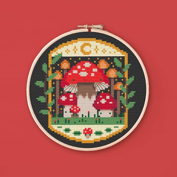 Toadstool Family Cross Stitch Pattern: Witchy Fungi Embroidery (PDF Download)