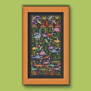 Kleurrijke dino's kruissteekpatroon, kruissteek dinosaurus kinderkamer, kruissteekpatroon schattige dieren, kruissteekkaart prehistorische natuur
