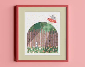 UFO Rabbit Cross Stitch Pattern: Whimsical Woodland Nursery (PDF Pattern)