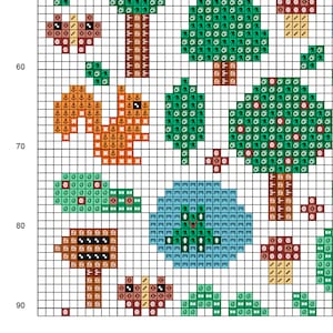 Cross stitch "Forest Garden" pattern sample. Cross stitch grid with black or white symbols and colored background.