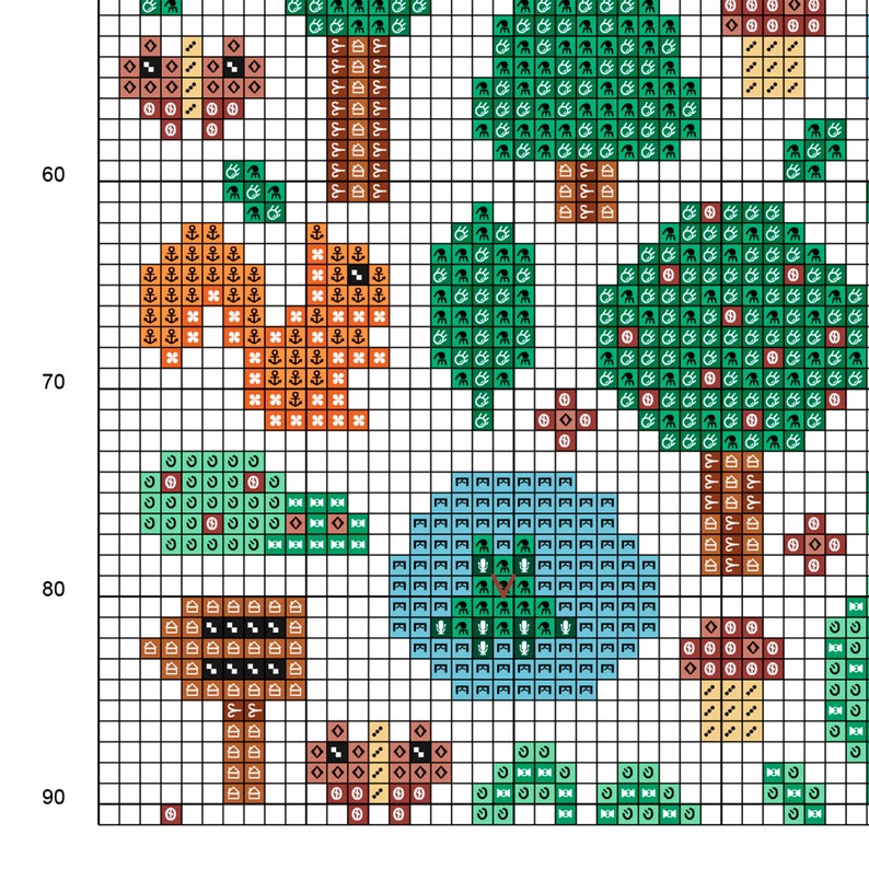 Cross stitch "Forest Garden" pattern sample. Cross stitch grid with black or white symbols and colored background.