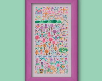 Fantasy Garden Cross Stitch Pattern: Fairy, Dragon, Mermaid (PDF)