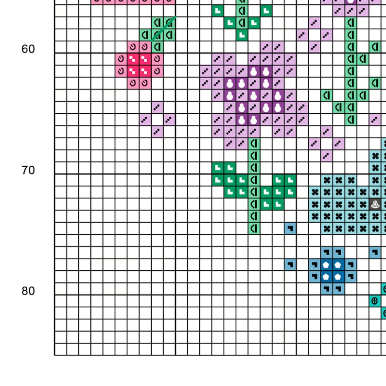 Cross stitch "Mini Pastel Garden" pattern sample. Cross stitch grid with black or white symbols and colored background.
