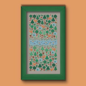 Folk cross stitch chart consisting in different types of trees and forest animals (squirrels, frogs, hedgehogs) arranged on a rectangle shape with a river crossing in the middle. The colors are natural, mainly green, blue and brown with a touch of red and orange. Stitched on linen Aida.