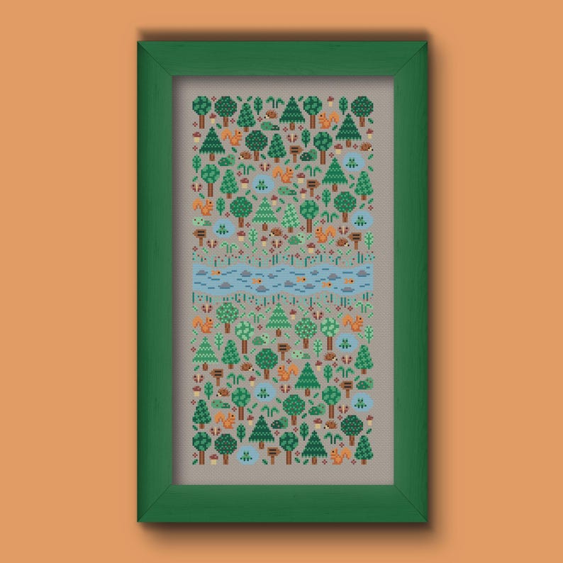 Folk cross stitch chart consisting in different types of trees and forest animals (squirrels, frogs, hedgehogs) arranged on a rectangle shape with a river crossing in the middle. The colors are natural, mainly green, blue and brown with a touch of red and orange. Stitched on linen Aida.