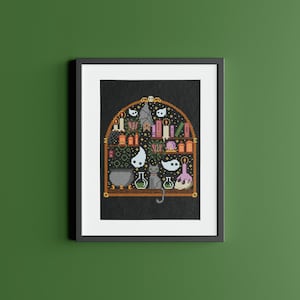 Witchcraft Cross Stitch Pattern, PDF Spooky Cauldron Cross Stitch Chart, Witchy Magic Embroidery Pattern, Fantasy Bookshelf Cross Stitch