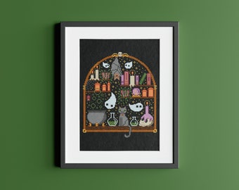 Witchcraft Cross Stitch Pattern, PDF Spooky Cauldron Cross Stitch Chart, Witchy Magic Embroidery Pattern, Fantasy Bookshelf Cross Stitch