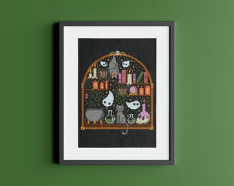 Witchcraft cross stitch pattern, PDF spooky cauldron cross stitch chart, Gothic shelf cross stitch, Witchy alchemy embroidery pattern