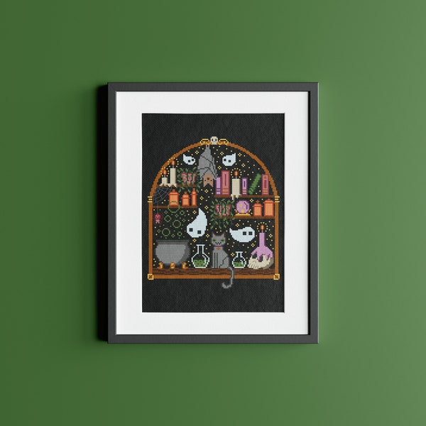 Witchcraft Bookshelf Cross Stitch Pattern: Spooky Cauldron, Black Cat (PDF)