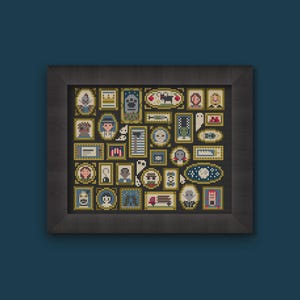 May include: A framed cross-stitch artwork featuring a grid of small, framed portraits of various monsters and spooky characters. The artwork is in a dark wooden frame, with a dark blue background. The portraits are in various colors.