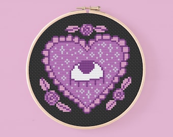Heart cross stitch pattern, Gothic modern Valloween embroidery, Heart with eye, PDF instant download cross stitch pattern