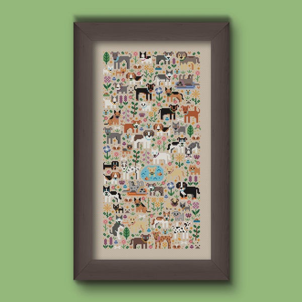 Dog Park Cross Stitch Pattern, Flower Garden Dogs PDF (Digital Download)
