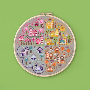 Jahreszeiten Stadt Kreuzstich Muster, vier Jahreszeiten Stickmuster, Una Buena Pieza.