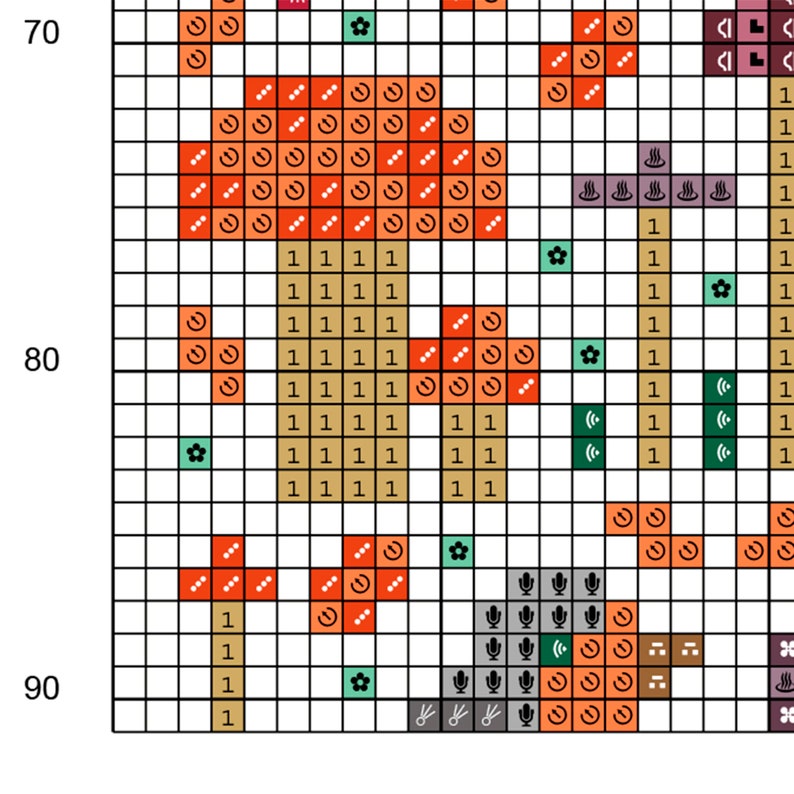 Cross stitch "Fungi Garden" pattern sample. Cross stitch grid with black or white symbols and colored background.