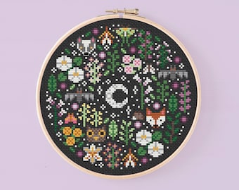 Mini Night Garden, Witchy nature digital Cross Stitch, Cottagecore modern cross stitch pattern, PDF gothic woodland dark cross stitch