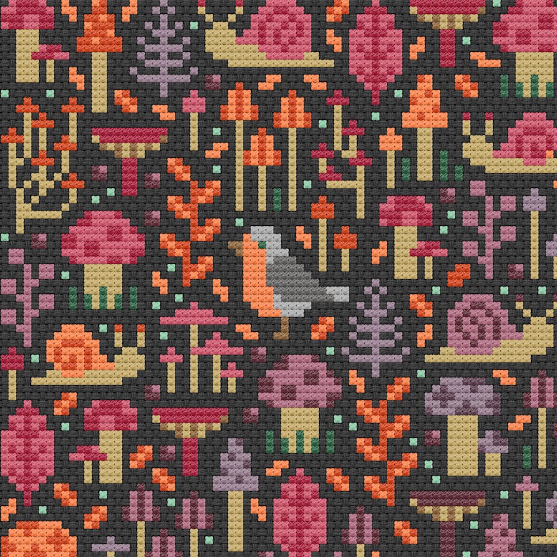Closer look of the cross stitch pattern. Mushrooms, snails, robins and leaves embroidered on black Aida. Warm colors palette (dusty red, golden orange, warm purple and beige). Cottagecore embroidery style with vibrant colors.