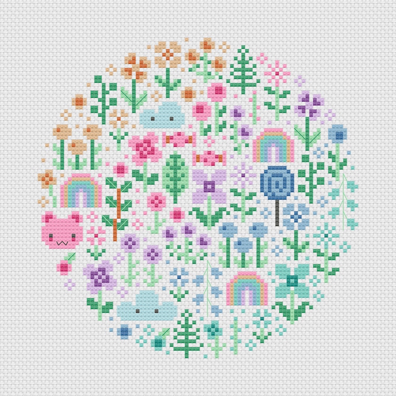 Cross stitch pattern of a kawaii themed design. The cross stitch design consists on flowers, leaves, rainbows, candy, clouds and a pink bear arranged in a round shape. The art style is cute and kawaii. The colors of the design are pastel, mainly orange, pink, purple, blue and teal. This cross stitch design is modern, minimalist and colorful. Stitched on white Aida fabric. Available to download as a cross PDF stitch pattern.
