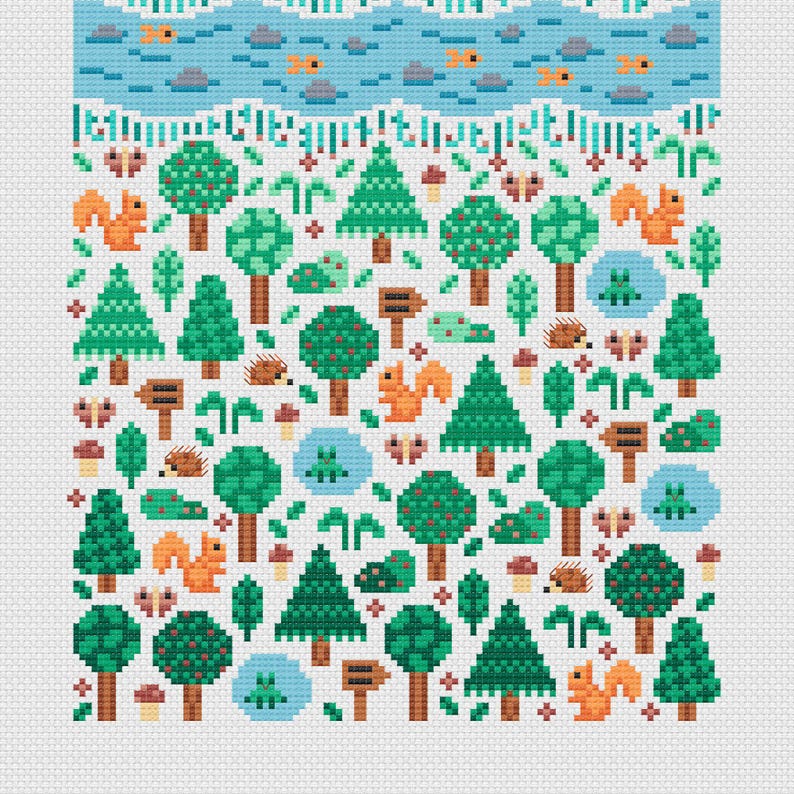 Close up detail of the Forest Garden. Showing trees, plants, hedgehogs, mushrooms, frogs, fish and squirrels. Embroidered on white Aida, this is a modern and cute design, great for nursery decor.