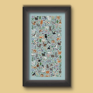 Cat themed cross stitch pattern. Cross stitch design consisting in many different cats playing in a flower garden. There are all kinds of kitties, from calico, to black to orange cats. Also persian cats and sphynx cats. The style is modern and minimalist and the cats are tiny. This is a great cross stitch project for any cat lover. Stitched on aqua Aida fabric.