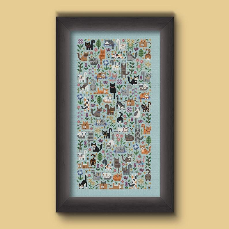 Cat themed cross stitch pattern. Cross stitch design consisting in many different cats playing in a flower garden. There are all kinds of kitties, from calico, to black to orange cats. Also persian cats and sphynx cats. The style is modern and minimalist and the cats are tiny. This is a great cross stitch project for any cat lover. Stitched on aqua Aida fabric.