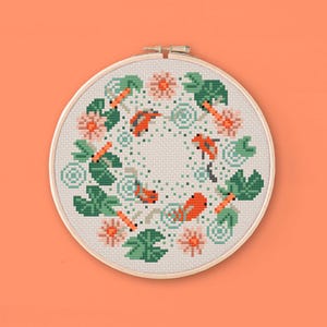 Koi cross stitch pattern, PDF modern fish pond cross stitch, Minimalist japanese carp cross stitch chart, Koi with lotus easy cross stitch