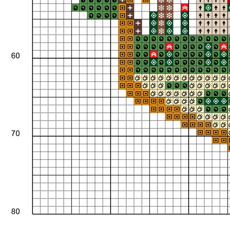 Cross stitch "Forest Fungi" pattern sample. Cross stitch grid with black or white symbols and colored background.