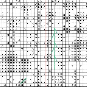 Cross stitch "Mini Pastel Garden" pattern sample. Cross stitch grid with black symbols and white background.