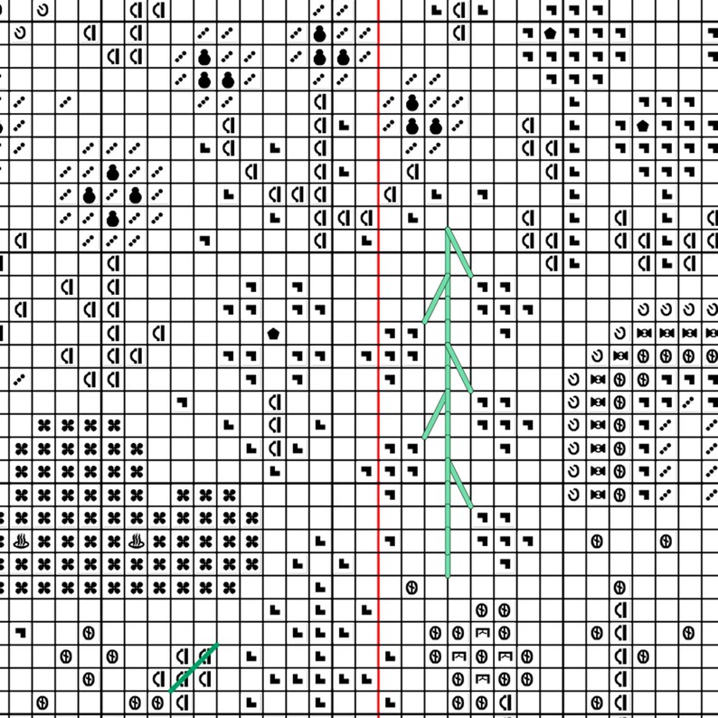 Cross stitch "Mini Pastel Garden" pattern sample. Cross stitch grid with black symbols and white background.