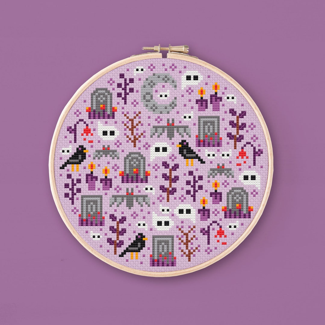 Victorian Graveyard Mini Halloween Cross Stitch Pattern, Modern Cross Stitch Chart, Spooky