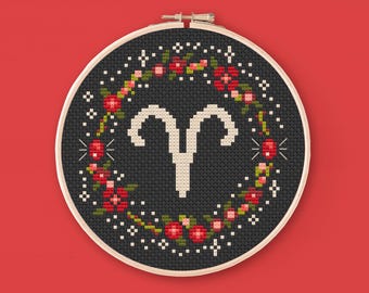 Aries Zodiac Cross Stitch Pattern: Red Flowers Astrology (PDF Pattern)