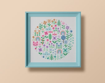 Pastel Garden - Una Buena Pieza - Modern Cross Stitch - Pastel Kawaii Cross Stitch - Digital PDF, instant download