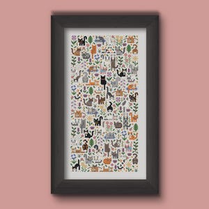 Cat themed cross stitch pattern. Cross stitch design consisting in many different cats playing in a flower garden. There are all kinds of kitties, from calico, to black to orange cats. Also persian cats and sphynx cats. The style is modern and minimalist and the cats are tiny. This is a great cross stitch project for any cat lover. Stitched on white Aida fabric.