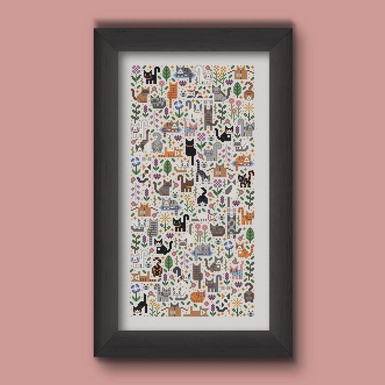 Cat themed cross stitch pattern. Cross stitch design consisting in many different cats playing in a flower garden. There are all kinds of kitties, from calico, to black to orange cats. Also persian cats and sphynx cats. The style is modern and minimalist and the cats are tiny. This is a great cross stitch project for any cat lover. Stitched on white Aida fabric.