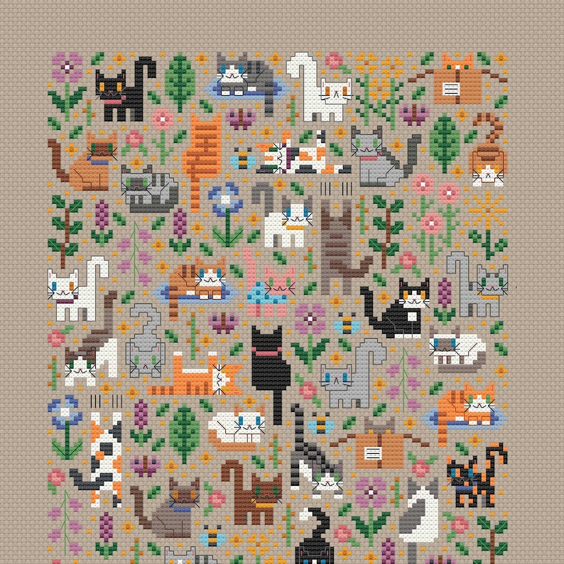 Close up detail of the cat garden cross stitch pattern. Showing a lot of different cats (brown cats, calico cats, white persian cats, cats in boxes, cats scratching) and many flowers in shades of purple, pink, blue and yellow. There are also bees and butterflies. The cats are small, modern and minimalist.