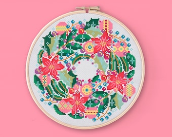 Retro Christmas Wreath Cross Stitch Pattern: Festive Holiday Embroidery (PDF)