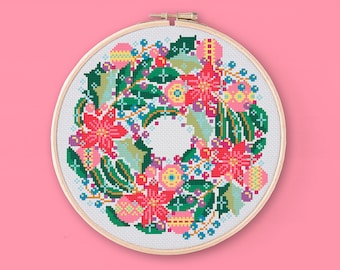 Retro wreath cross stitch pattern, Xmas cross stitch chart, Modern festive cross stitch, PDF vintage holidays cross stitch, Una buena pieza