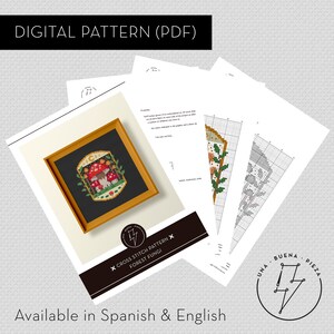 Cross stitch pattern "Forest Fungi" shown in its PDF format (mockup of the pages). Text saying "Available in spanish and english".