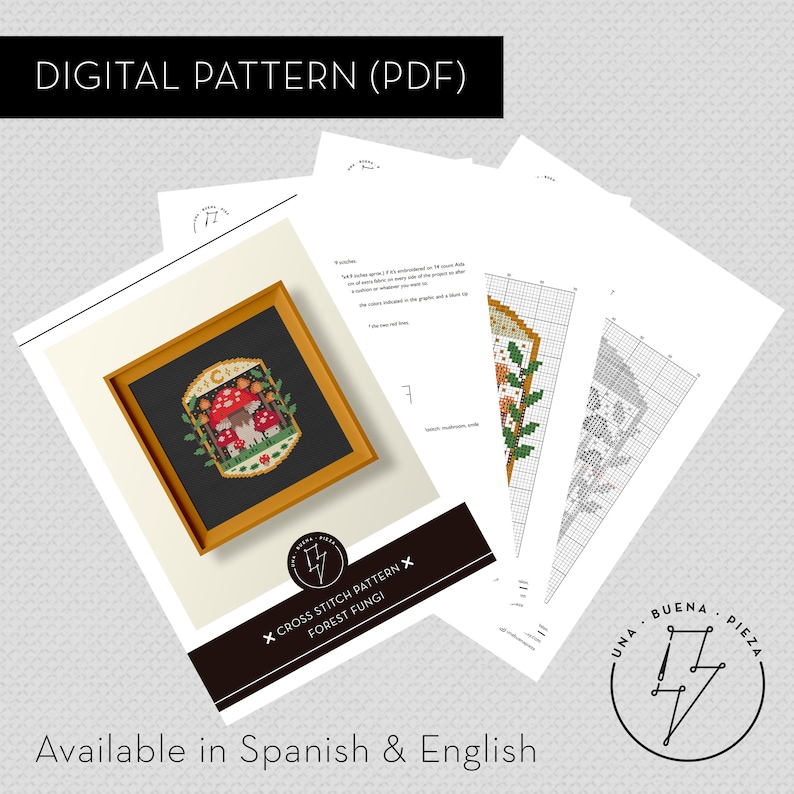 Cross stitch pattern "Forest Fungi" shown in its PDF format (mockup of the pages). Text saying "Available in spanish and english".