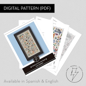 Cross stitch pattern "Cat Garden" shown in its PDF format (mockup of the pages). Text saying "Available in spanish and english".