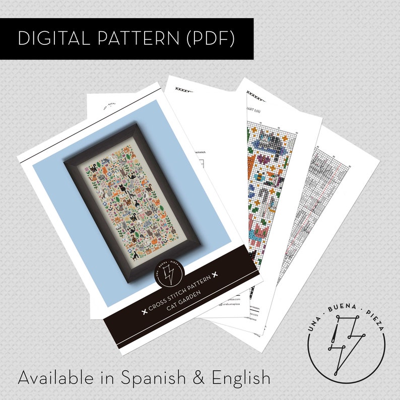 Cross stitch pattern "Cat Garden" shown in its PDF format (mockup of the pages). Text saying "Available in spanish and english".