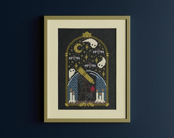 Modèle de point de croix de maison hantée, motif de broderie fantôme gothique, point de croix de sorcière moderne lune et étoiles, modèle de téléchargement instantané PDF