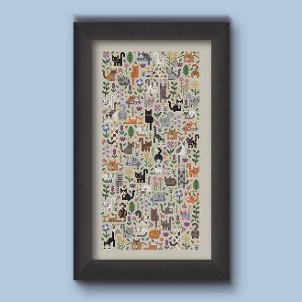 Cat Garden Cross Stitch Pattern, Cute Kitties PDF Chart (Digital Download)