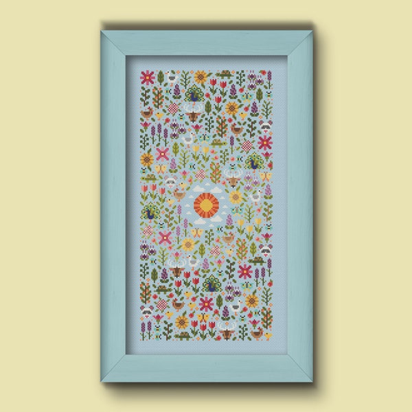 Light Garden, Countryside cross stitch pattern, Cute animals modern cross stitch, PDF modern nature cross stitch, Sun cross stitch chart